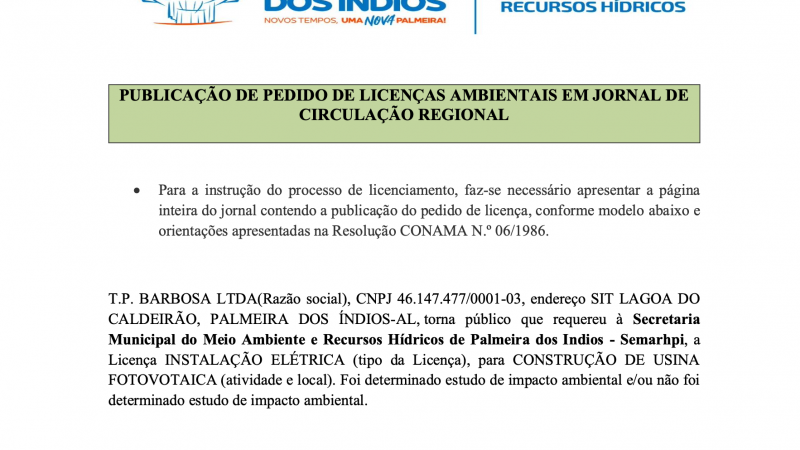 Publicação de pedido de licença ambiental empresa T.P BARBOSA em Palmeira dos Índios