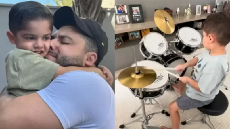 Murilo Huff mostra filho com Marília Mendonça aprendendo a tocar bateria